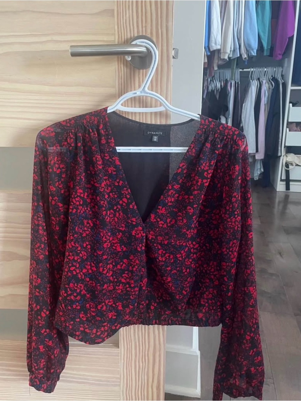 Dynamite Red and Black Floral V-Neck Blouse - small